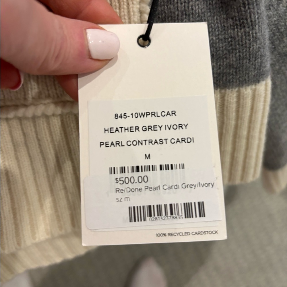 Re/Done Pearl Contrast Cardigan in Grey and Ivory